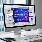 A computer screen showing the Gangnam Karaoke theme surrounded by newspaper. 