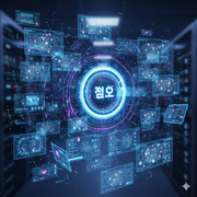 A complex digital visualization set against a blurred background of server racks, suggesting a robust technological infrastructure. 